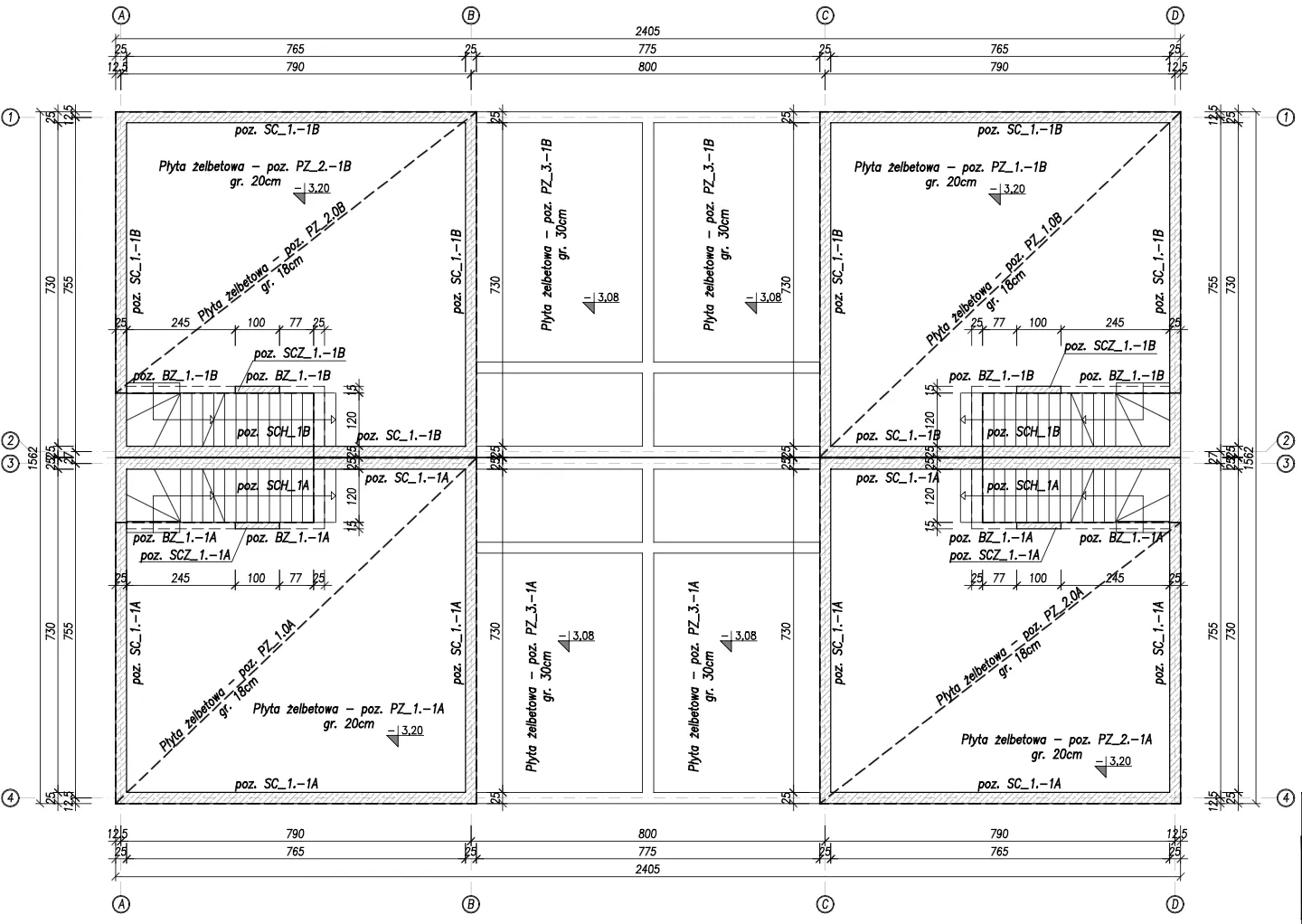 Plan konstrukcyjny — strop nad kondygnacją -1